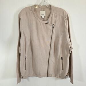 Sejour Linen Blend Moto Style Jacket Womens Beige Zip Short Lightweight Size 14W